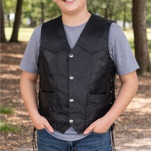 Dream Apparel Black Genuine Leather Biker Vest & Gloves for Kids Size XXL
